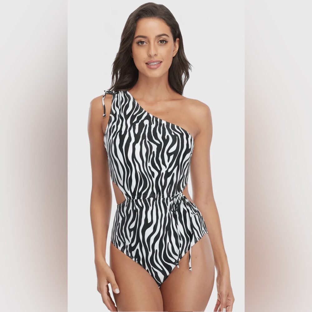 One-Shoulder Zebra Print Swimsuit